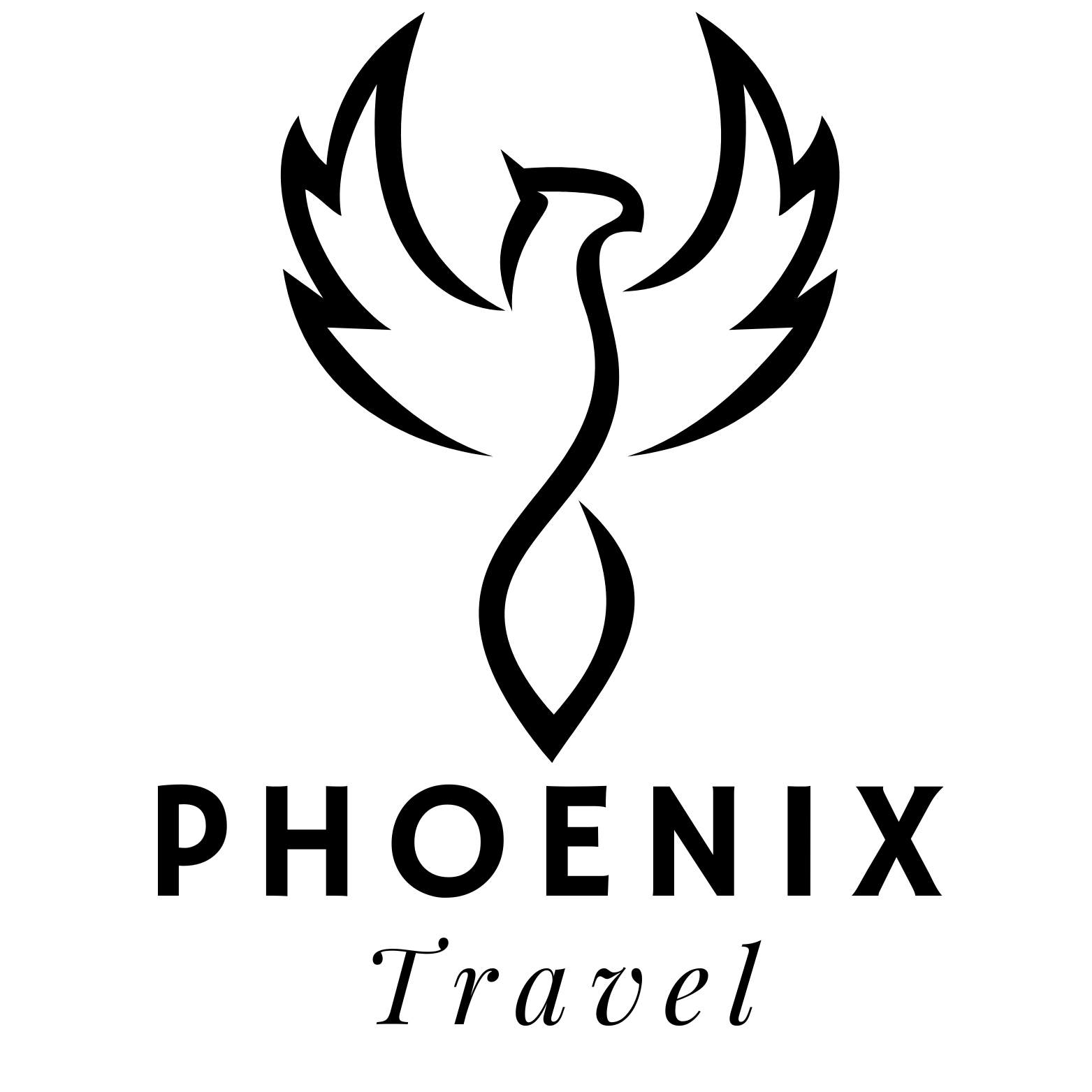 Logo firmy Phoenix Travel. Przedstawia czarny kontur feniksa na białym tle